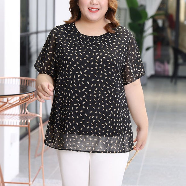 Plus Size Leafs Chiffon Short Sleeve Blouse (EXTRA BIG SIZE)