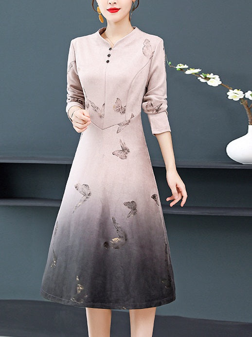 Tricia Plus Size Pale Pink Suede Butterfly Print Long Sleeve Midi Dress Suitable For Weddings Chinese New Year Work And Weekends