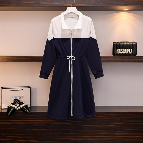Shanice Knit Zipper Polo L/S Dress (White Upper/Blue Lower, Blue Upper/White Lower)