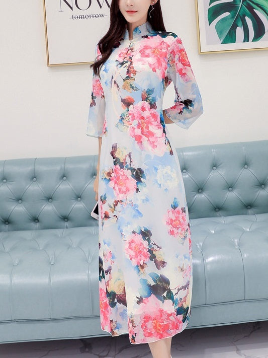 (Bust 86-120CM) Marlis Peonies Floral Qipao Midi Dress