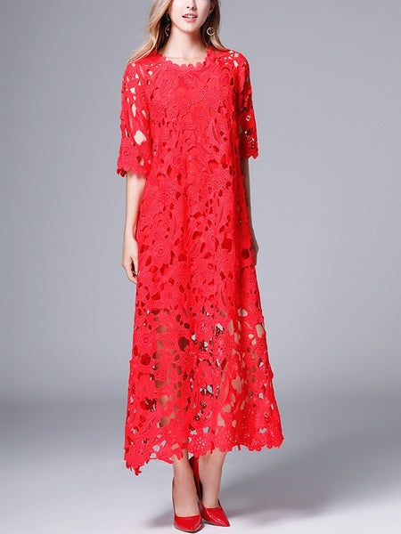 Maxene Red Maxi Cutout Lace Plus Size Wedding Occasion Chinese New Year Mother of the Bride Mid Sleeve Maxi Dress Gown