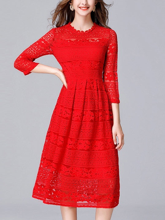 Kaye Red Occasion With Sleeve Lace Midi Dress