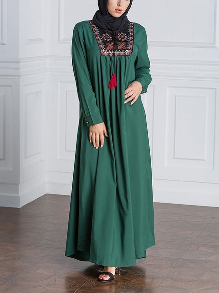 (M-7XL) Gillian Green Tassel Tie Plus Size Abaya Hijab Muslim Long Sleeve Maxi Dress