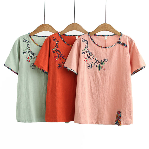 Plus size embroidered cheongsam short sleeve blouse