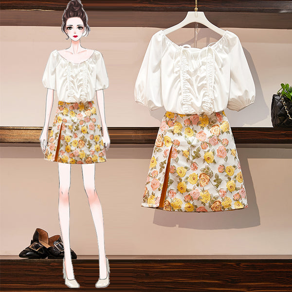 Plus Size White Square Neck Blouse And Rose Floral Mini Skirt