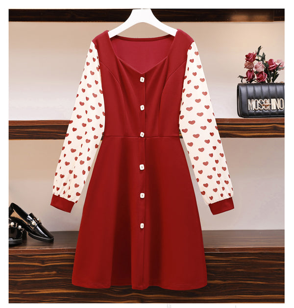 Plus Size Hearts Square Neck Red Buttons Long Sleeve Dress