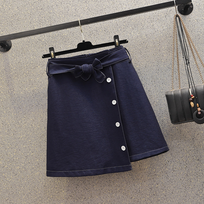Zakeya Plus Size Obvious Stitching Buttons Wrap Short Skirt (Blue)