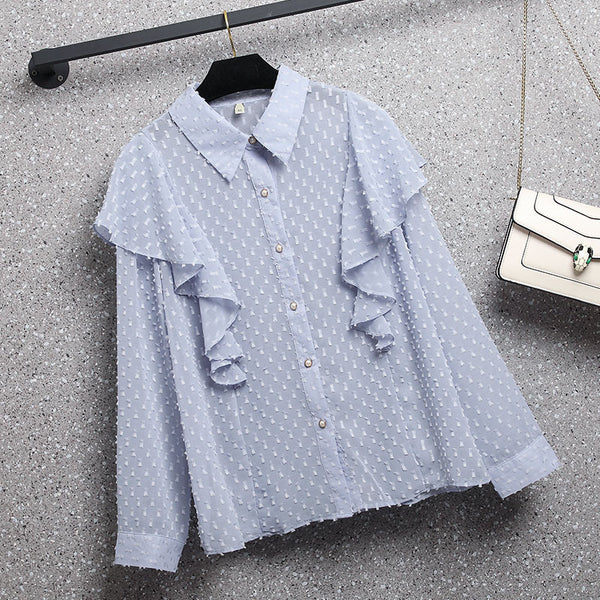 Plus Size Baby Blue Dobby Dots Long Sleeve Shirt Blouse