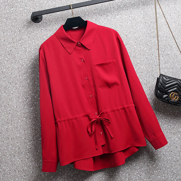 Plus Size Red Waist Tie Long Sleeve Shirt Blouse