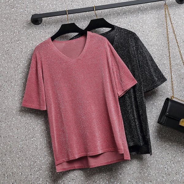 Plus Size Shimmer V Neck Short Sleeve T Shirt Top