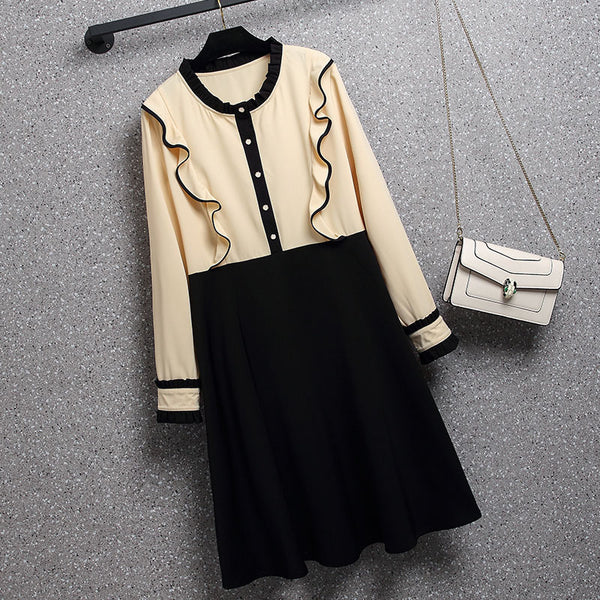 Plus Size Chiffon Beige Frills Button Long Sleeve Dress