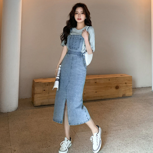 Plus Size Korean Star T Shirt Top And Denim Midi Suspender Dress