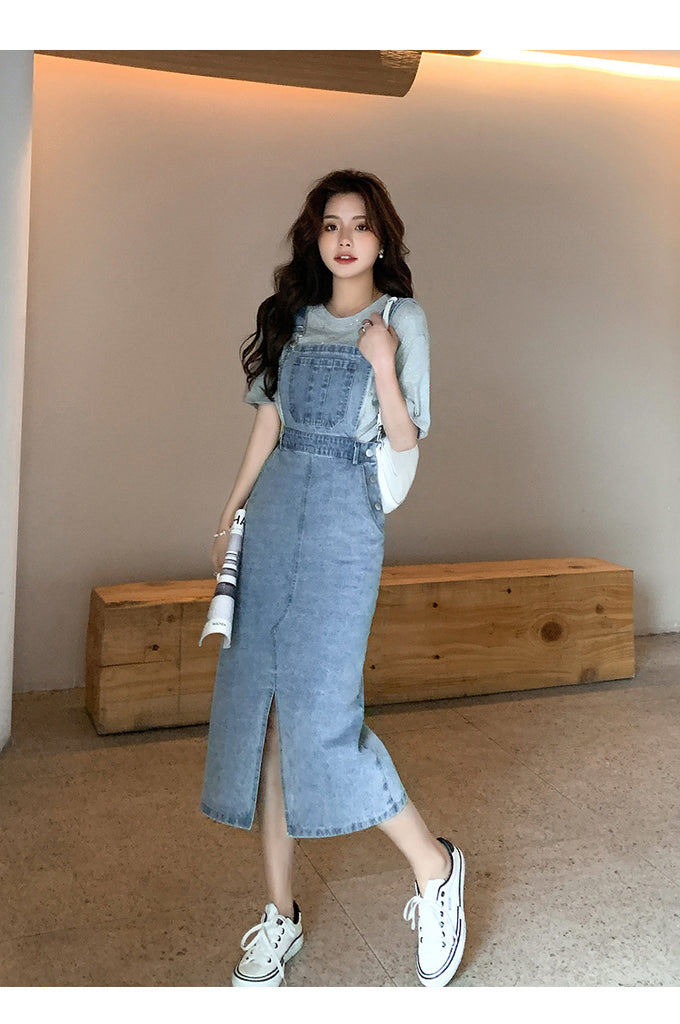 Korean T Shirt Dress Plus Size Korean Star T Shirt Top And Denim Midi Suspender Dress Korean T Shirt Dress Plus Size Korean Star T Shirt Top And Denim Midi Suspender Dress