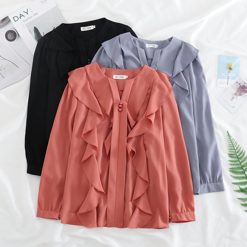 Valkyrie Plus Size Frills Button V Neck Long Sleeve Blouse (Grey, Pink, Black) (EXTRA BIG SIZE)