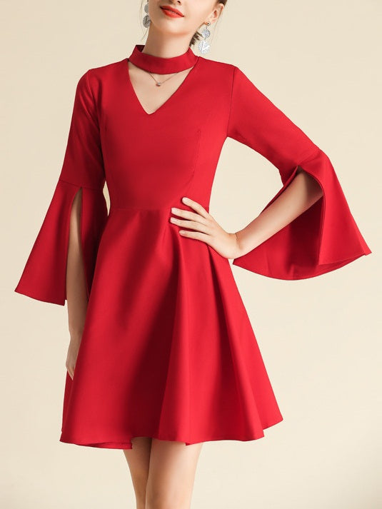 Shirlene Choker Neck V Neck Bell Flare Sleeve Mid Sleeve Dress (Red, Black)