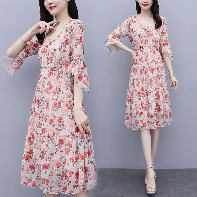 Kelli-ann Plus Size Pink Floral Bell Sleeve Mid Sleeve Dress