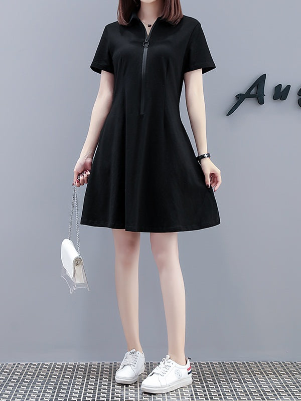 Viridis Plus Size Zipper Swing Black Short Sleeve Polo T Shirt Dress
