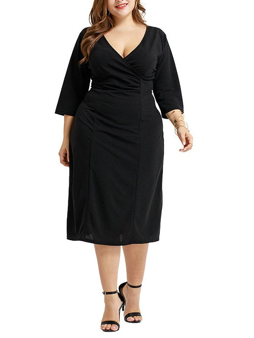 Tamie Plus Size V Neck Wrap Neckline Little Black Dress With Sleeve 3/4 Sleeve Mid Sleeve Dress (Suitable For Chinese New Year, Party, Work, Office And Weekends) (EXTRA BIG SIZE)