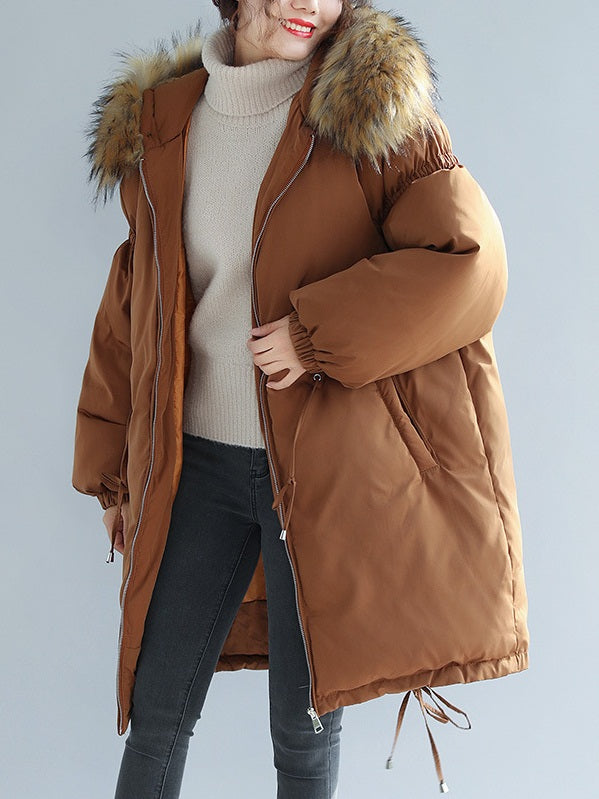 Xabelle Plus Size Fur Hoody Tunic Long Length Padded Winter Jacket (Black, Brown)
