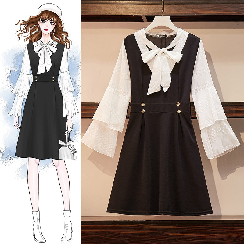 Sheron Mock 2 Piece Pinafore Layer Bell Sleeve Ribbon Tie L/S Dress