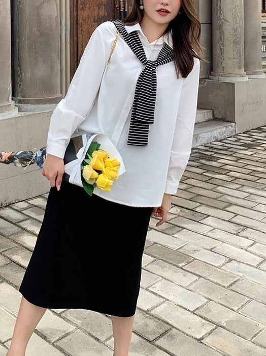 Lee-Ann Plus Size Long Sleeve Shirt Shirt Top, Black Midi Skirt And Scarf