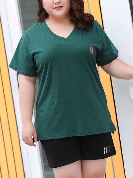 Vouvray Plus Size Cotton V Neck Embroidery Green Short Sleeve T Shirt Top (EXTRA BIG SIZE)