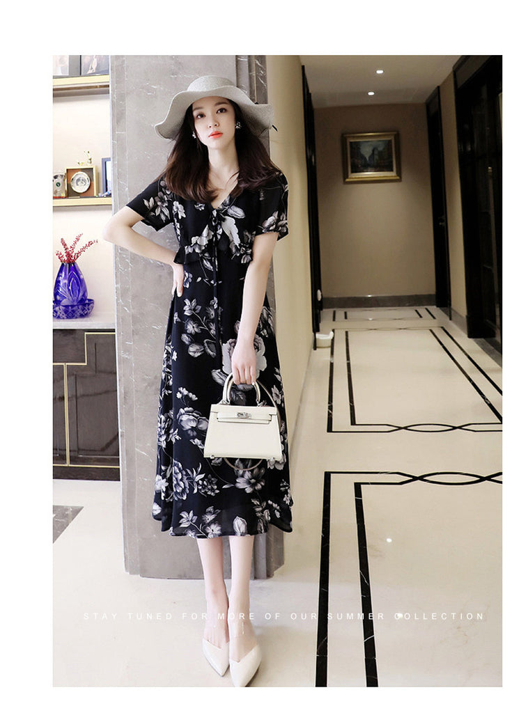Plus Size Black Floral Chiffon Korean Midi Dress Pluspreorder Plus Size Black Floral Chiffon Korean Midi Dress Pluspreorder