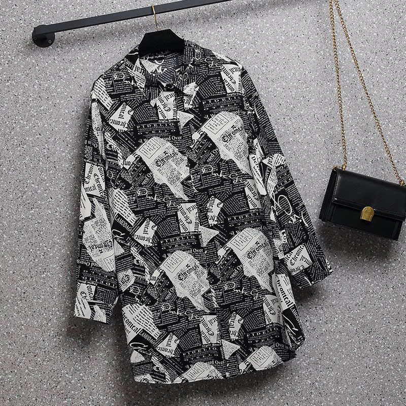 Plus Size Media Print Tunic Long Sleeve Shirt Blouse
