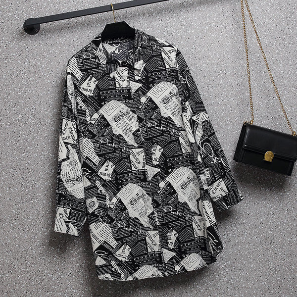 Plus Size Media Print Tunic Long Sleeve Shirt Blouse