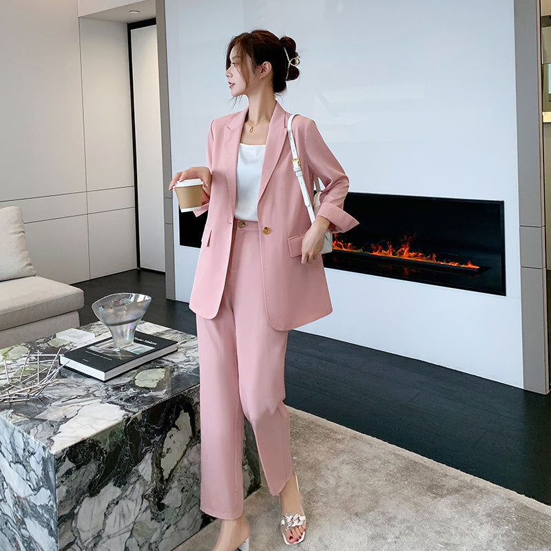 Plus Size Korean Pink Blazer And Pants Set