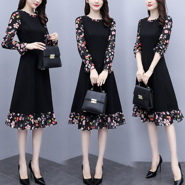 Leighsaide Plus Size Floral Chiffon Long Sleeve Dress