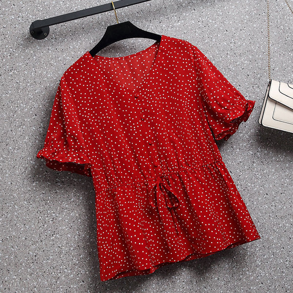 Plus Size Red Polka Dots Waist Tie Short Sleeve Blouse