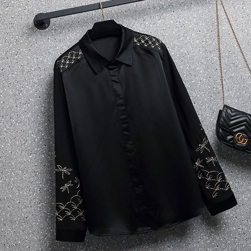 Plus Size Sheen Embroidered Long Sleeve Shirt Blouse