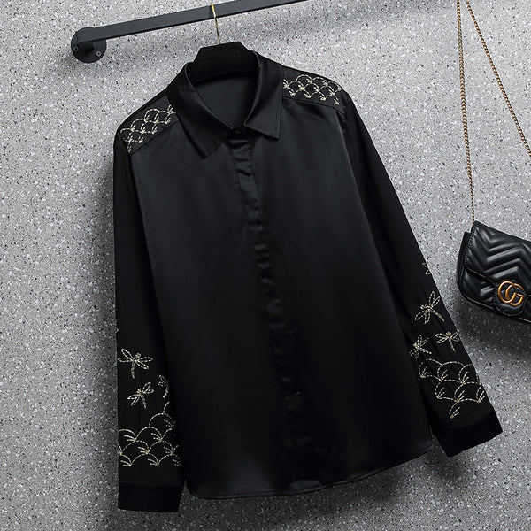 Plus Size Sheen Embroidered Long Sleeve Shirt Blouse