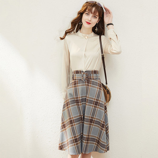 Plus Size Formal Long Sleeve Blouse And Plaid Swing Skirt Set