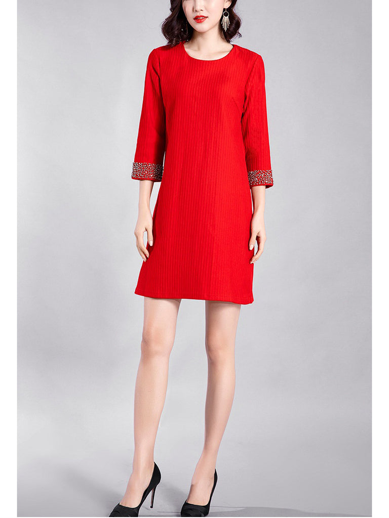 Roby Stripe Studded Embellished Mid Sleeve Dress (Red, Black)