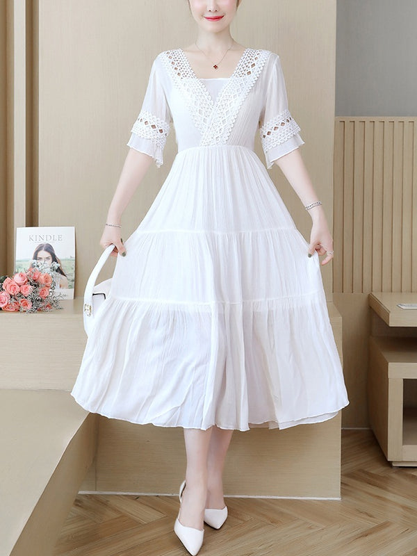 Yonit Plus Size Crochet Tier V Neck Bell Sleeve Short Sleeve Midi Dress (White, Black)