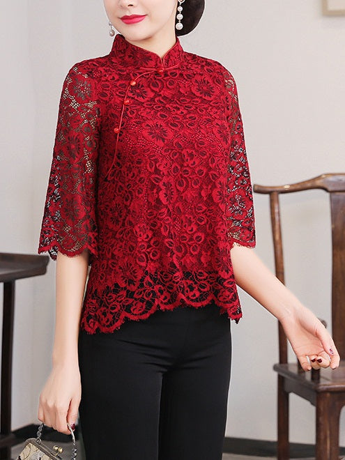 Taylah Plus Size Cheongsam Qipao Lace Mid Sleeve Blouse (Suitable For Chinese New Year, Weddings, Dinners, Company Function) (Red, Green)