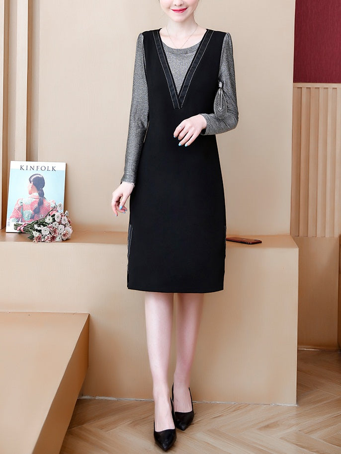 Xiou Plus Size Mesh Layer Colourblock Swing Mid Sleeve Dress (Black, Red, Blue)