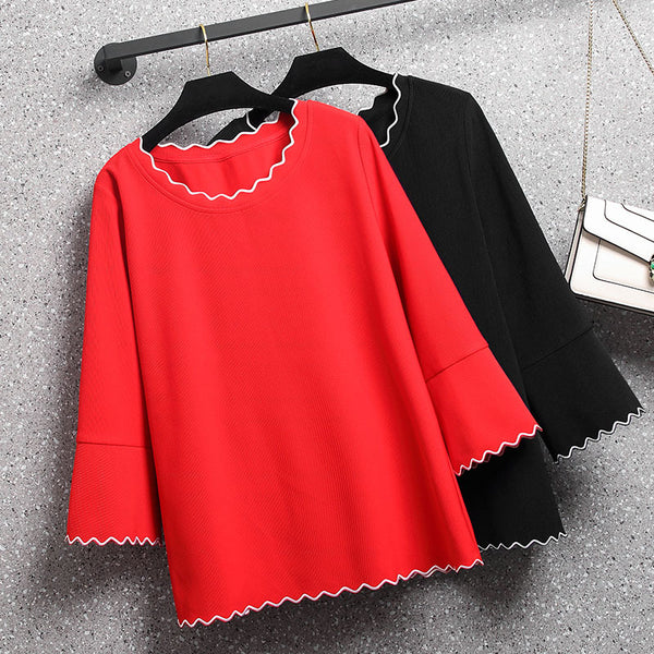 Plus Size Scallop Trim Mid Sleeve Top