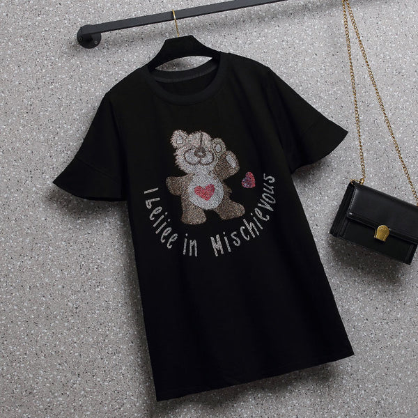 Plus Size Cute Bear Embellished Short Sleeve T Shirt Top