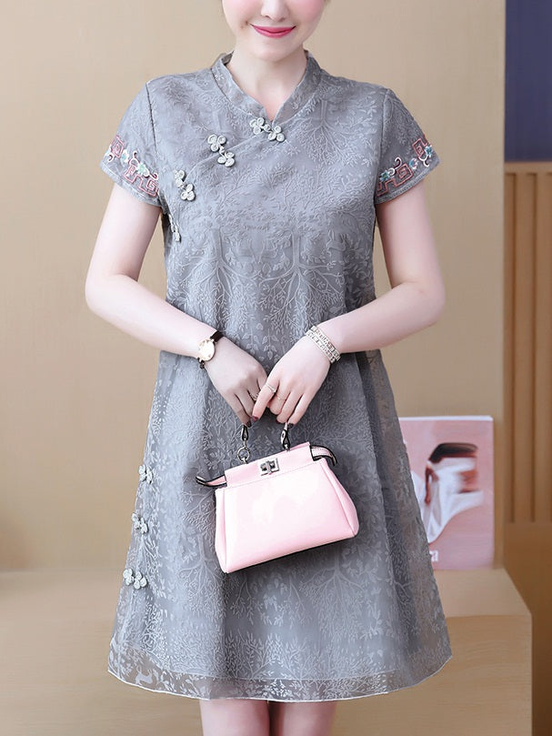 Thuy Plus Size Pink / White / Grey Textured Organza With Ethnic Embroidery Cheongsam Qipao Short Sleeve Dress (Pink, White, Grey)