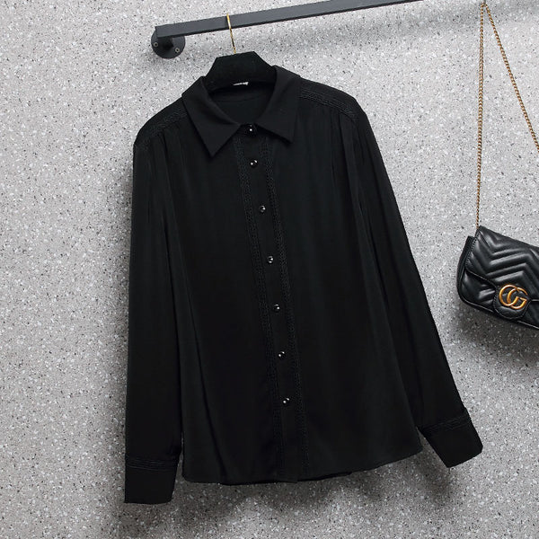 Plus Size Black Lattice Lace Long Sleeve Shirt Blouse