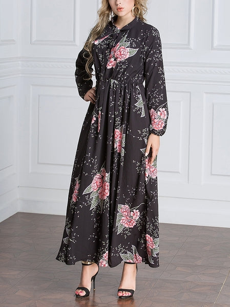 (M-7XL) Gina Flora Bow Tie Plus Size Abaya Hijab Muslim Long Sleeve Maxi Dress