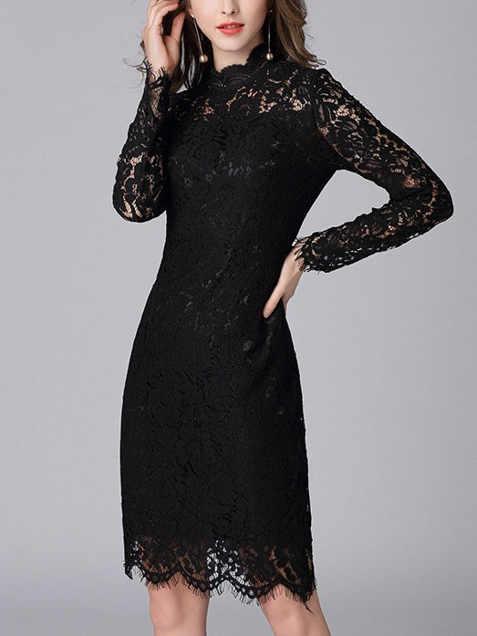 Micha Black High Neck Lace Plus Size Formal Wedding Occasion L/S Dress