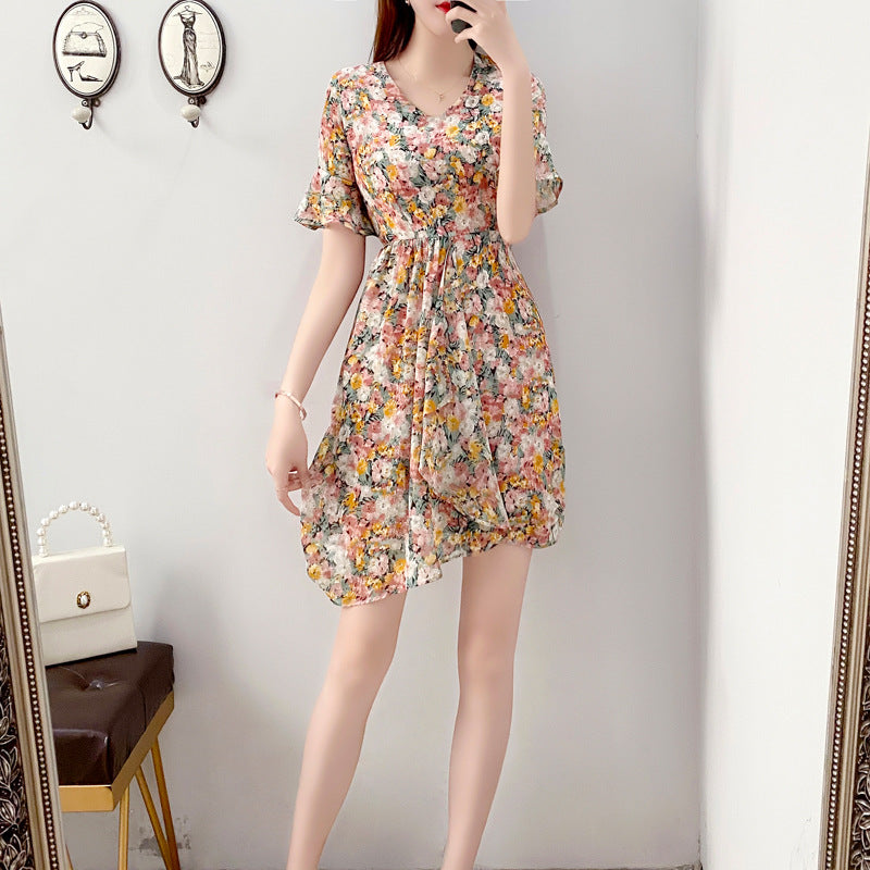 Plus Size V Neck Bell Sleeve Chiffon Short Sleeve Dress