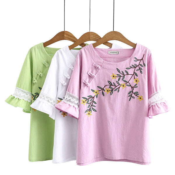 Plus size embroidery cheongsam short sleeve blouse