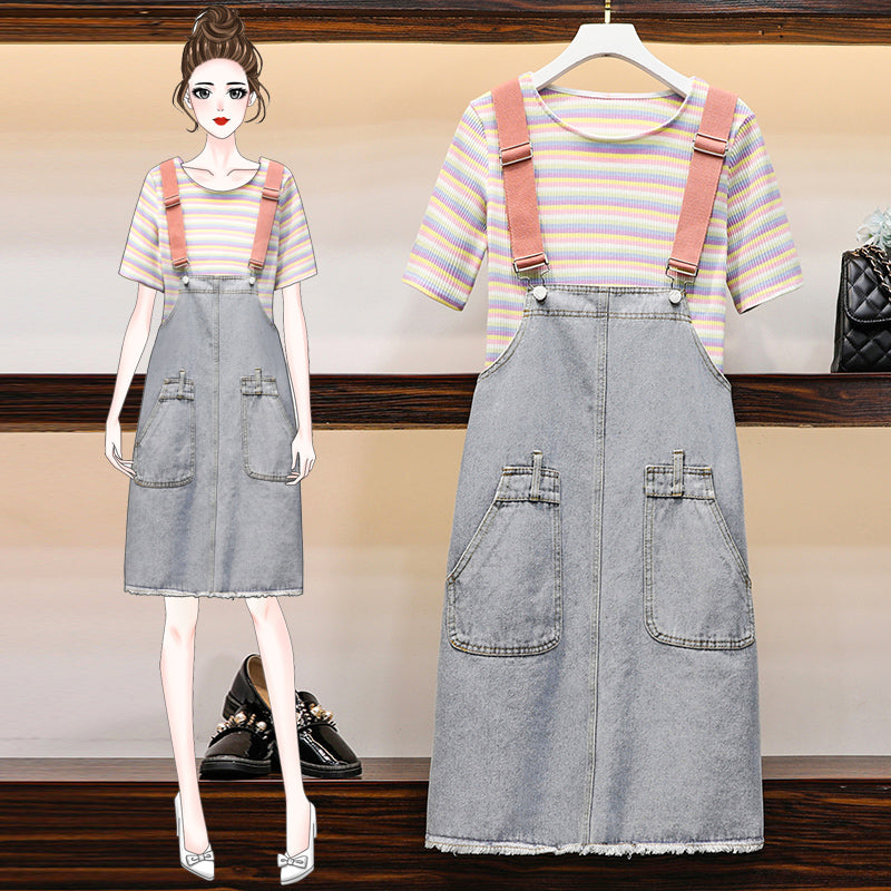 Plus size stripe t shirt and denim dungaree set
