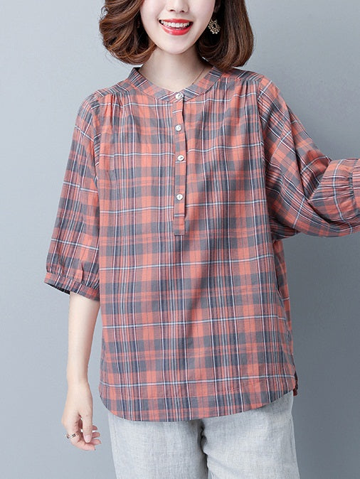 Gladis Plus Size Checked Mandarin Shirt Blouse