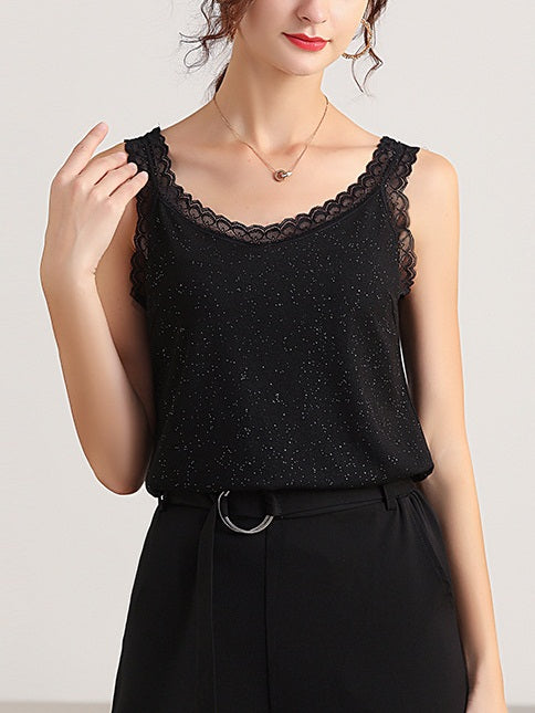 Kreine Plus Size Ribbed Sparkle Lace Camisole Top